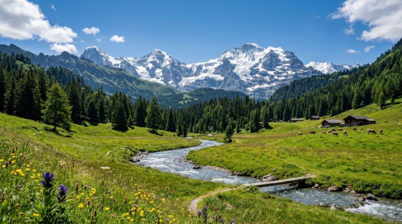 Alpine meadows with forests, mountains and a river under a clear blue sky, lush green fields and crisp scenic tranquility, ultra-realistic, no logos.