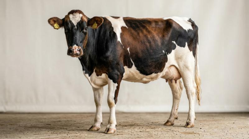 A brown, black, and tan Holstein cow standing attentively isolated on a plain backdrop, natural coat markings and agricultural clarity, ultra-realistic, no logos.