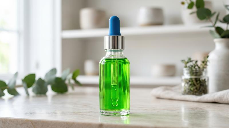 A bright green cosmetic serum in a clear glass dropper bottle with a blue rubber top and pipette, glossy liquid glow, clean skincare studio aesthetic, fresh modern atmosphere, ultra-realistic, no