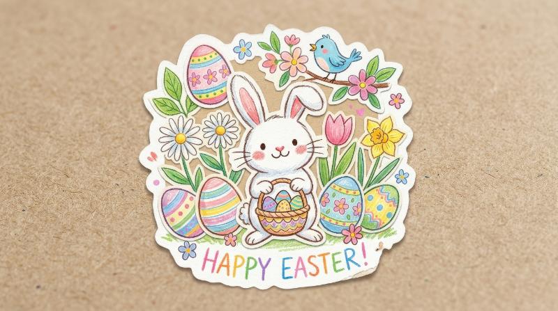 A cute Easter collage sticker with bunny, painted eggs, spring flowers and a tiny bird, crayon hand-drawn textures, pastel chalk colors and playful layered cutout feel, cheerful childlike holiday