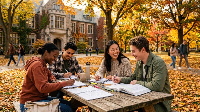 Happy students beginning homework on a university campus in autumn, notebooks open, golden leaves around, fresh academic atmosphere, ultra-realistic, no logos.