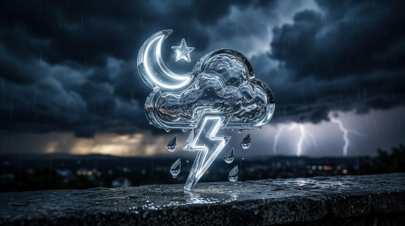 A transparent glass icon of lightning, rain cloud, moon and star, glossy crystal texture and a moody stormy-night atmosphere, ultra-realistic, no logos.