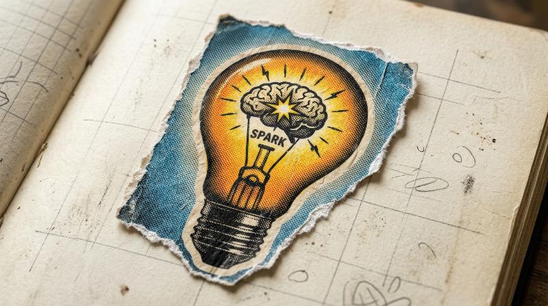 A light bulb cutout sticker with halftone shading and torn paper edges, simple creative-idea symbolism, retro mixed-media texture, bright inventive atmosphere, ultra-realistic, no logos.