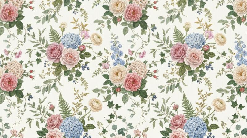 A seamless floral pattern with elegant blossoms and leafy rhythm, delicate decorative atmosphere, ultra-realistic, no logos.