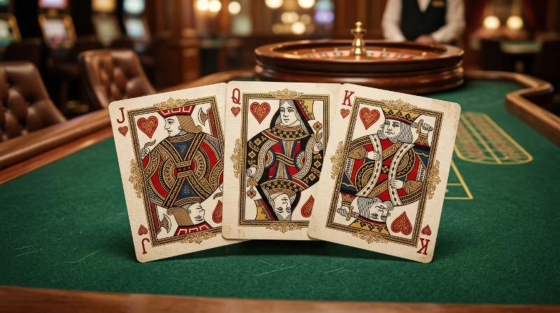 Playing cards featuring jack, queen and king with ornate decorative details, classic casino elegance, rich symmetrical atmosphere, ultra-realistic, no logos.