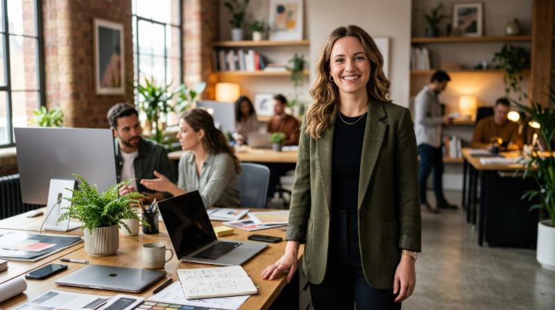 Portrait of a smiling female creative professional standing near a desk with colleagues in the background at the office, stylish workspace, soft natural light, confident contemporary atmosphere,