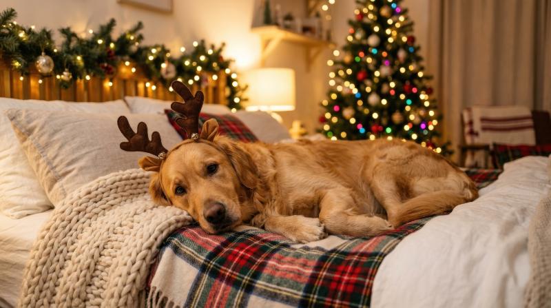A golden retriever wearing reindeer antlers lying on a cozy bed, warm Christmas lights softly glowing in the background, adorable festive comfort, ultra-realistic, no logos.
