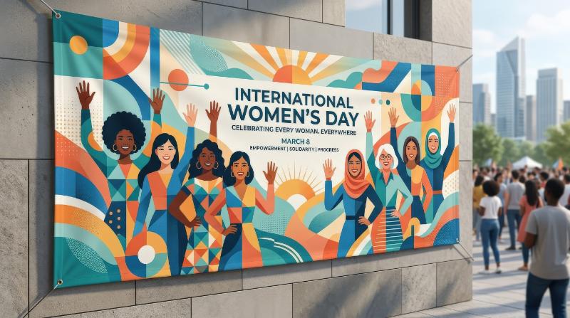 A geometric minimalist International Women’s Day banner with diverse joyful women raising open palms, clean shapes, empowering solidarity, modern flat composition in a hopeful inclusive mood,