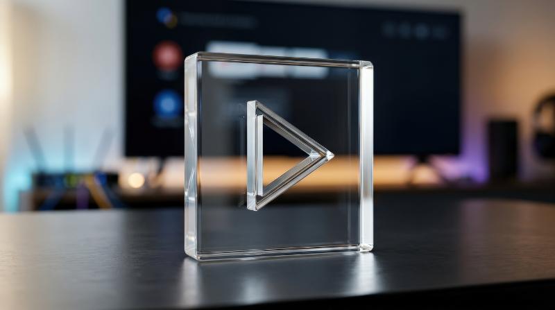 A transparent play button video icon in polished glass, crisp triangular core and a clean media-streaming atmosphere, ultra-realistic, no logos.