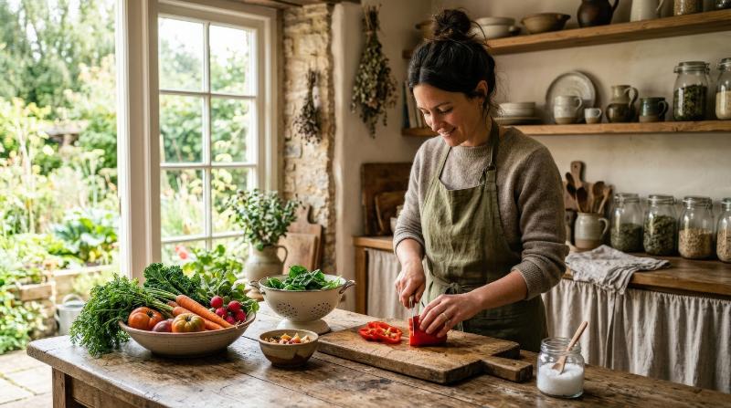 A woman preparing fresh vegetables on a rustic wooden table at home, warm natural light, slow living details, earthy textures, mindful daily ritual, ultra-realistic, no logos.