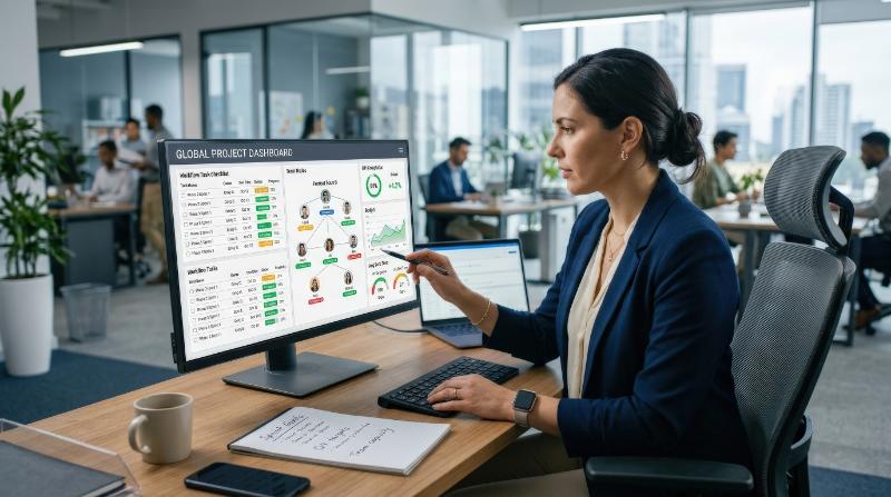 A project manager reviewing a digital workflow dashboard with task checklists, team structure nodes and performance targets, polished office setting, strategic execution and measurable results mood,