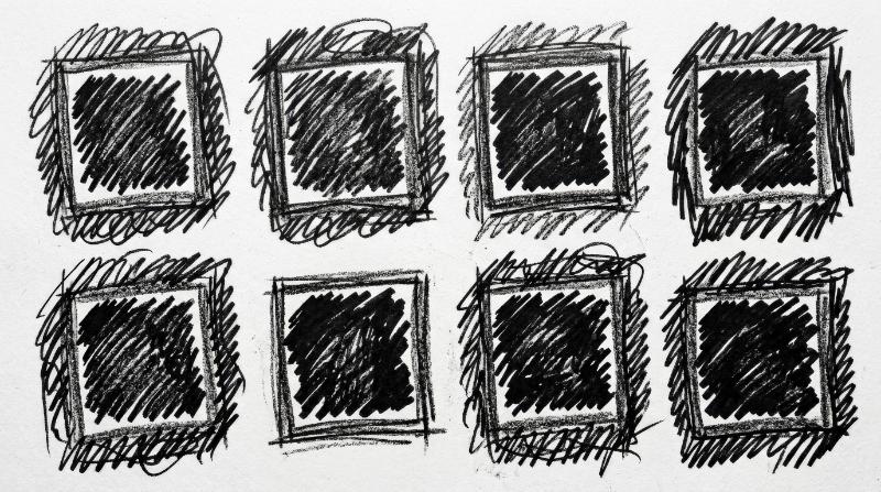 Hand-drawn grunge square highlights with charcoal pen borders and scribbled marker frames, rough expressive emphasis shapes on white, ultra-realistic, no logos.