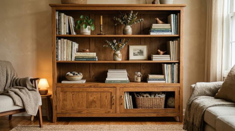 A wooden cabinet with shelves displaying decorative objects and books, warm grain, curated styling and cozy interior ambiance, ultra-realistic, no logos.