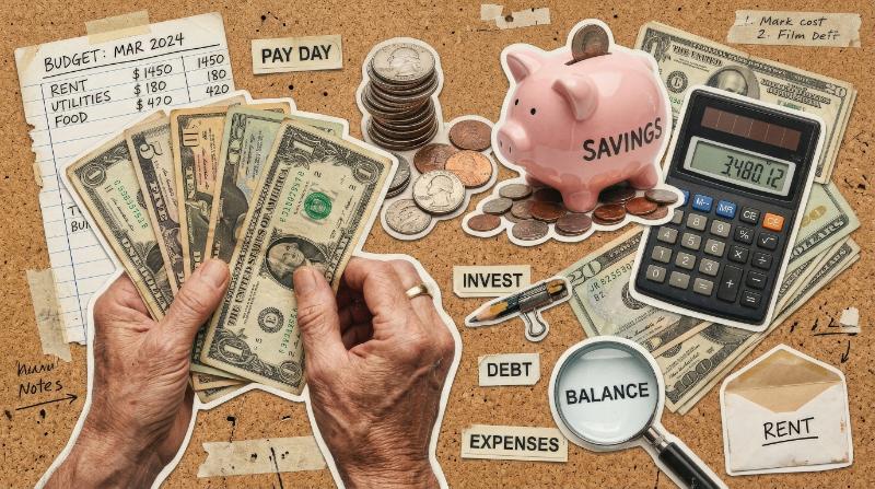 Money-themed collage cutouts with cash, coins, piggy bank, calculator, and hands holding bills, vintage sticker texture and a practical finance-focused atmosphere, ultra-realistic, no logos.
