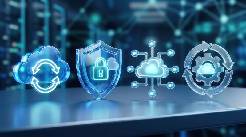 A crystal-clear cloud security icon set with sync, protection, network, and development process symbols, polished glassmorphism styling, ultra-realistic, no logos.