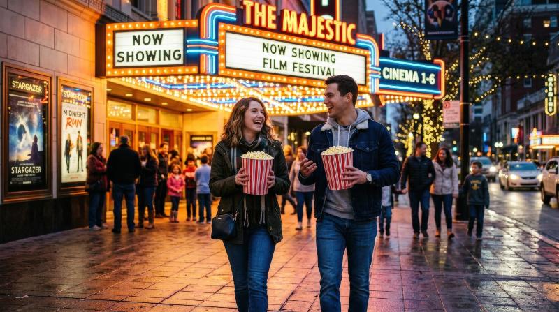 Two people holding popcorn while walking outside a theater, colorful evening scene, bright facade lights, cheerful cinema mood, ultra-realistic, no logos.