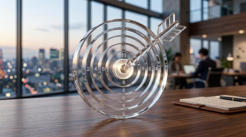 A transparent target and arrow icon with crystal layers, subtle highlights and a focused goal-achievement atmosphere, ultra-realistic, no logos.