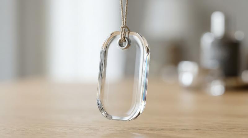 A liquid-glass tag icon with sleek label shape, crystal finish and a clean product-identification atmosphere, ultra-realistic, no logos.