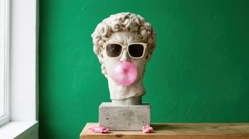 A minimal scene with sunglasses resting on a classical head sculpture, pink bubble gum and a vivid green backdrop, playful fashion-forward atmosphere, ultra-realistic, no logos.