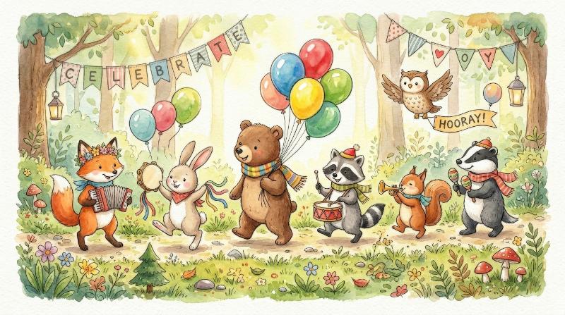 Watercolor parade of cute forest animals with balloons and instruments, charming nursery celebration scene with joyful hand-painted softness, ultra-realistic, no logos.