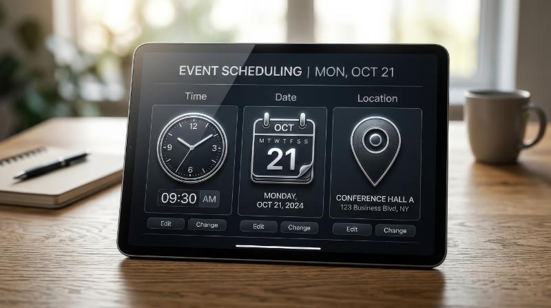 A time, date, and location icon set with editable outlines, clock, calendar, and map pin symbols, clean scheduling layout, modern functional style, ultra-realistic, no logos.