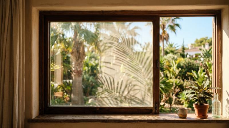 A window and palm branch shadow with soft blur on transparency, warm summer light and elegant tropical silhouettes, serene backdrop mood, ultra-realistic, no logos.