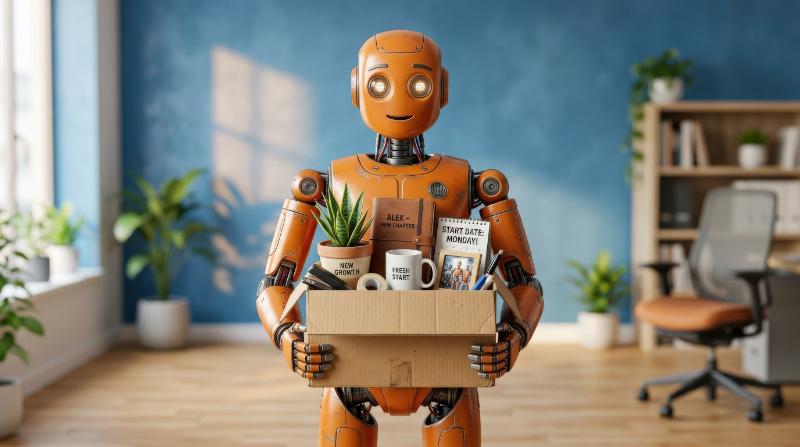 A friendly orange robot holding office belongings in a cardboard box on a blue background, tidy props, career transition concept, soft studio lighting, hopeful fresh-start atmosphere, ultra-realistic,