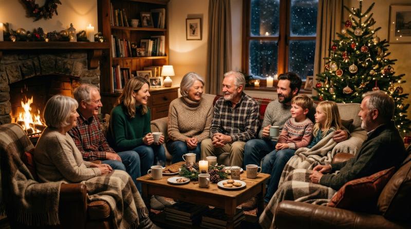 A warm family gathering in winter, soft lighting, close conversation, cozy togetherness around the home, ultra-realistic, no logos.