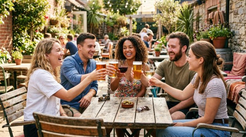 A group of friends toasting drinks on a sunny outdoor patio, bright smiles, casual seating, warm textures, easygoing celebratory atmosphere, ultra-realistic, no logos.