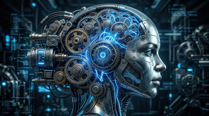 An AI automation gear head interface, metallic gears merging with a human profile and luminous circuits, advanced artificial intelligence concept, dramatic blue glow, ultra-realistic, no logos.