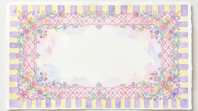 Whimsical watercolor background frames with light yellow and violet stripes and a pink diamond pattern, delicate pastel washes and playful symmetry, dreamy decorative atmosphere, ultra-realistic, no