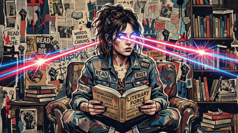 A woman reading an open book while laser beams shoot from her eyes, surreal halftone collage styling, imaginative rebellious mixed-media mood with literary power, ultra-realistic, no logos.