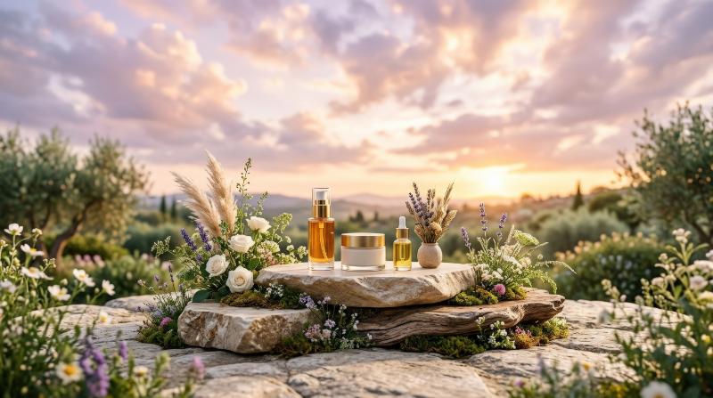 A natural beauty podium backdrop for product display beneath a dreamy sky, romantic clouds, soft glow, serene luxurious atmosphere, ultra-realistic, no logos.