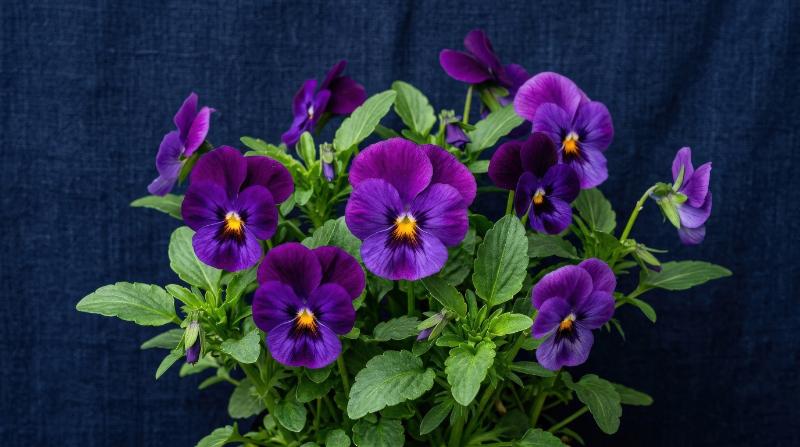 Blooming purple pansies with yellow centers and green leaves on a deep navy textured background, rich botanical color and subtle surface grain creating refined spring elegance, ultra-realistic, no