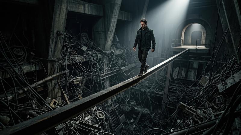 A man walking on a straight narrow bar above a tangled pit, stark conceptual environment, symbolizing clarity over complexity and solution strategy, dramatic focused light, ultra-realistic, no logos.
