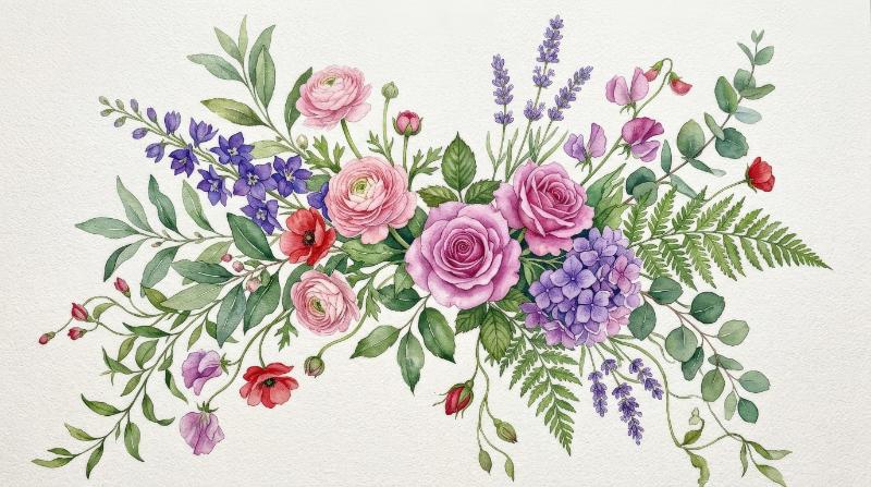 Watercolor floral illustrations with flowers and leaves in pink, purple, red and green, delicate botanical brushwork and romantic garden softness, elegant decorative mood, ultra-realistic, no logos.