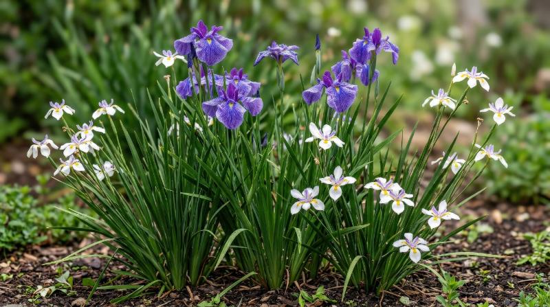 Flowering iris and African iris with sword-like leaves and delicate blooms, frontal isolated garden arrangement in bright natural detail, ultra-realistic, no logos.