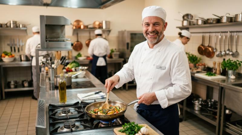 A happy chef in uniform holding a wooden spoon and frying pan, clean culinary setting and soft warm light, friendly professional atmosphere, ultra-realistic, no logos.