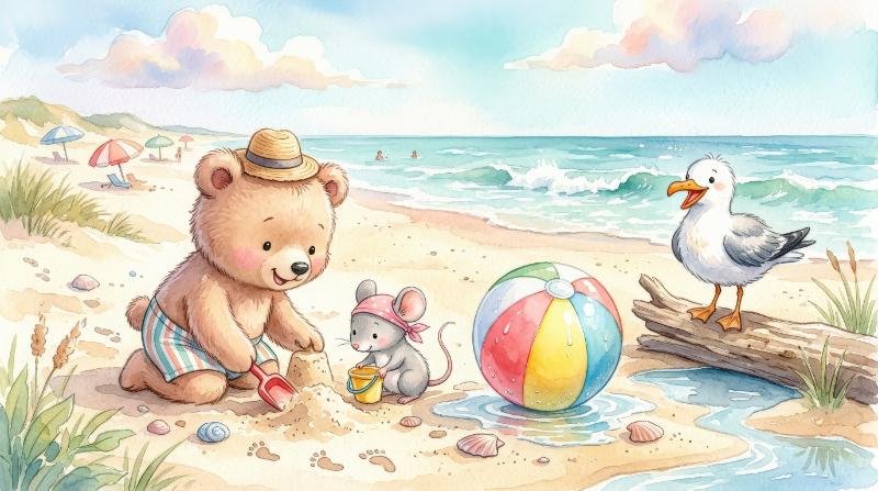 A summer watercolor set with a cute bear, little mouse, seagull, and beach ball, playful seaside energy, pastel tones, sweet childish atmosphere, ultra-realistic, no logos.
