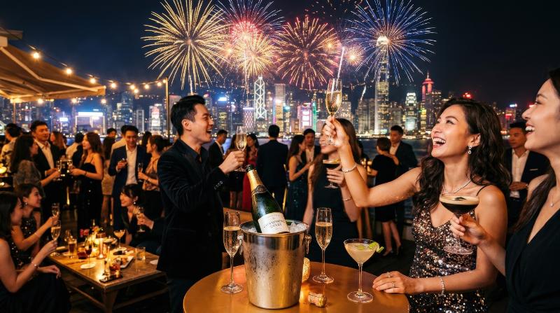 A night party scene with champagne, bottle, cocktails and fireworks, glamorous celebration mood, sparkling festive atmosphere, ultra-realistic, no logos.