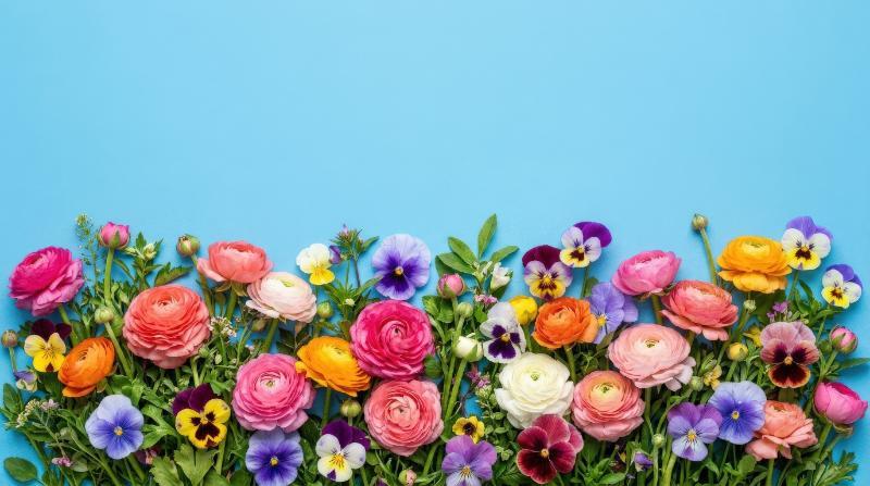A colorful bottom floral border of ranunculus and pansy flowers on a blue background, dense spring arrangement with bright petals and copy space above, ultra-realistic, no logos.