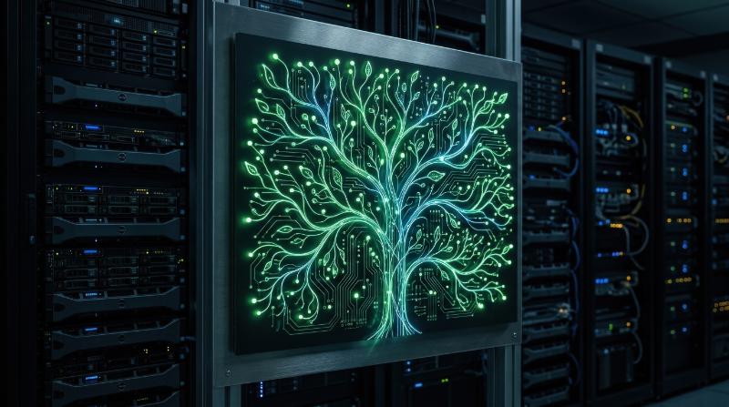 A glowing plant circuit network symbolizing sustainable AI and green technology, clean luminous branches, dark server backdrop, elegant eco-digital mood, ultra-realistic, no logos.