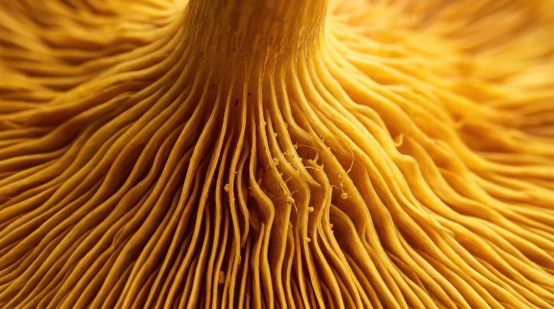 A digitally enhanced macro of mushroom gills in warm yellow tones, abstract organic lines, radiant texture and modern aesthetic depth, ultra-realistic, no logos.
