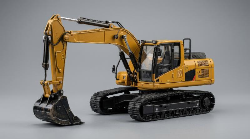 A yellow toy excavator with a black bucket on a gray background, sturdy miniature details, matte and glossy textures with clean studio lighting, ultra-realistic, no logos.
