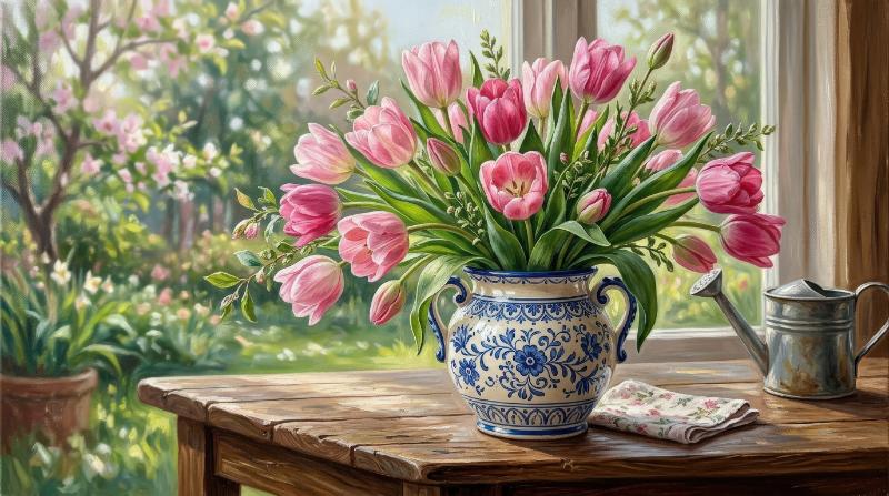 A hand-painted bouquet of pink tulips in a decorative ceramic vase with blue ornament, fresh spring elegance and soft botanical charm, ultra-realistic, no logos.