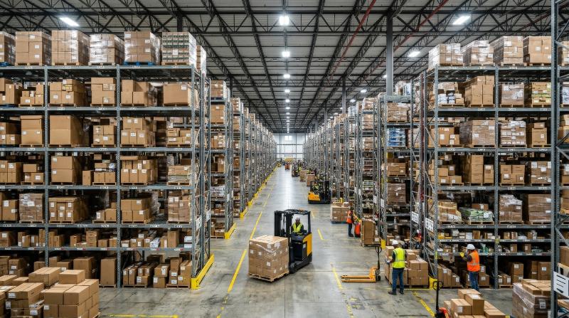 A vast logistics warehouse filled with boxes, parcels, and merchandise, long aisles, industrial shelving, bright overhead lights and an organized high-capacity atmosphere, ultra-realistic, no logos.