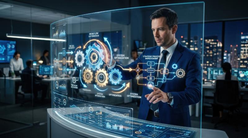 A businessman interacting with glowing gear icons, automation panels and workflow systems, digital process improvement and corporate efficiency atmosphere, ultra-realistic, no logos.