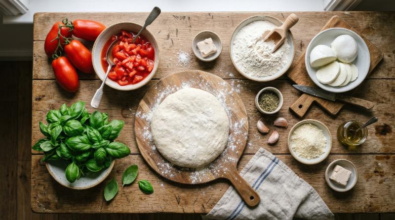 Raw ingredients for making pizza arranged overhead, fresh tomatoes, basil, flour, cheese and dough on a rustic surface, natural kitchen light, artisanal cooking atmosphere, ultra-realistic, no logos.
