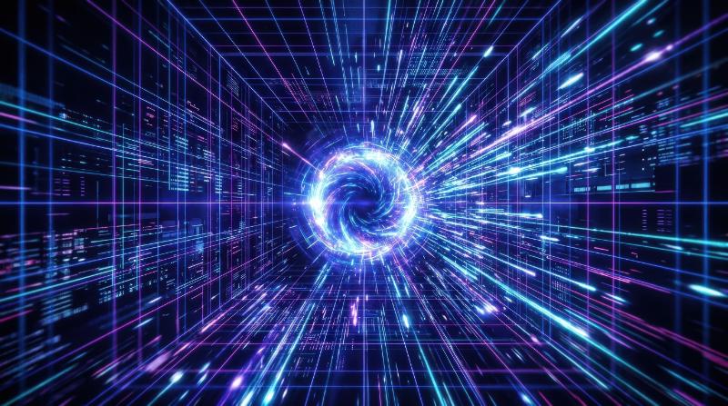 An AI quantum tunnel with a 3D neon grid, blue-purple portal perspective and laser-like particle burst, cinematic cyber atmosphere, ultra-realistic, no logos.