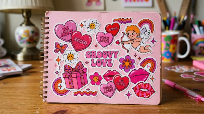 Love-themed Y2K retro groovy stickers with pink hearts, Cupid arrows, flowers, gifts and kiss lips, playful Valentine nostalgia and sweet pop energy, ultra-realistic, no logos.
